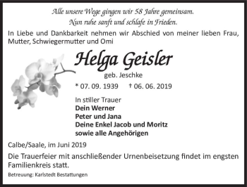 Traueranzeige von Helga Geisler (geb. Jeschke)  von Magdeburger Volksstimme