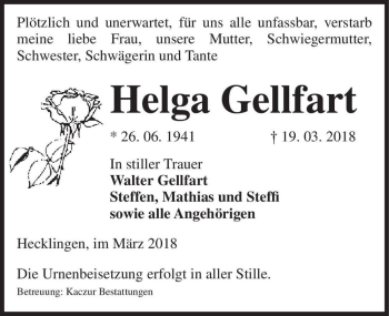 Traueranzeige von Helga Gellfart  von Magdeburger Volksstimme