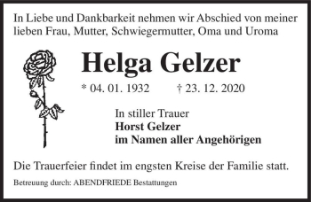 Traueranzeige von Helga Gelzer  von Magdeburger Volksstimme