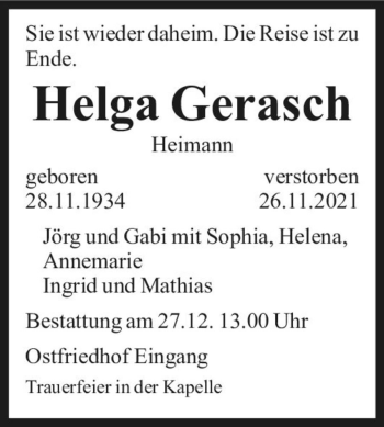 Traueranzeige von Helga Gerasch (geb. Heimann)  von Magdeburger Volksstimme