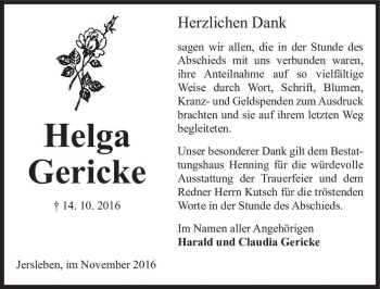 Traueranzeige von Helga Gericke  von Magdeburger Volksstimme