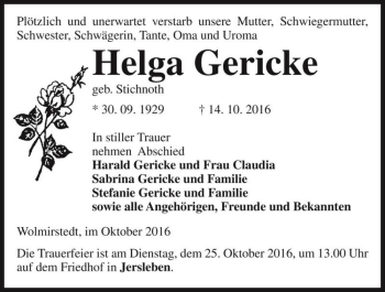Traueranzeige von Helga Gericke (geb. Stichnoth)  von Magdeburger Volksstimme