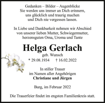 Traueranzeige von Helga Gerlach (geb. Wunsch)  von Magdeburger Volksstimme