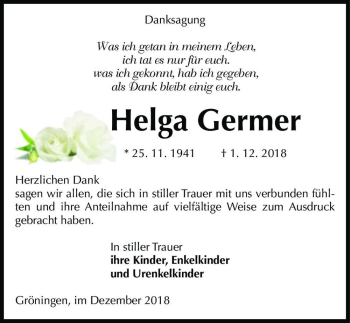 Traueranzeige von Helga Germer  von Magdeburger Volksstimme