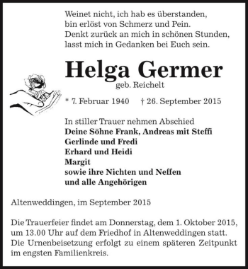Traueranzeige von Helga Germer (geb. Reichelt)  von Magdeburger Volksstimme