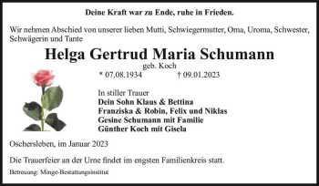 Traueranzeige von Helga Gertrud Maria Schumann (geb. Koch)  von Magdeburger Volksstimme