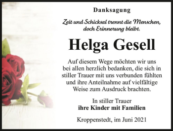 Traueranzeige von Helga Gesell  von Magdeburger Volksstimme