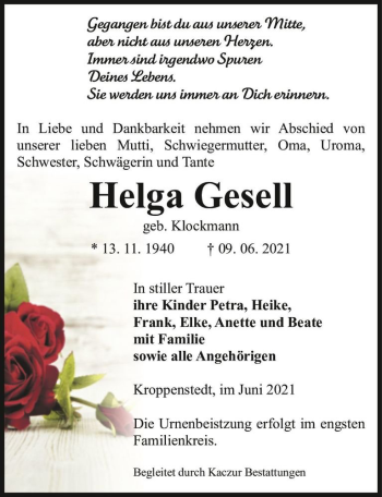 Traueranzeige von Helga Gesell (geb. Klockmann)  von Magdeburger Volksstimme