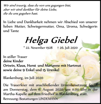 Traueranzeige von Helga Giebel  von Magdeburger Volksstimme