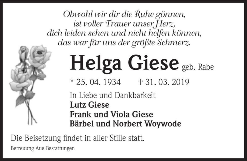  Traueranzeige für Helga Giese (geb. Rabe)  vom 06.04.2019 aus Magdeburger Volksstimme