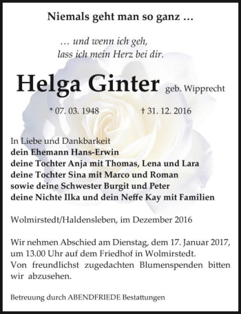 Traueranzeige von Helga Ginter (geb. Wipprecht)  von Magdeburger Volksstimme