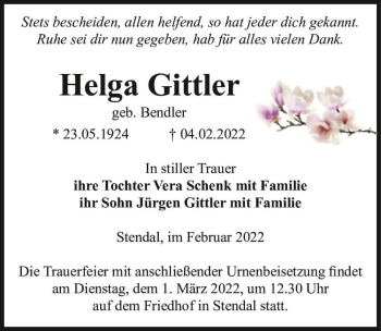 Traueranzeige von Helga Gittler (geb. Bendler)  von Magdeburger Volksstimme