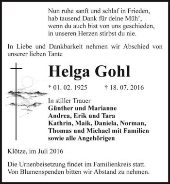 Traueranzeige von Helga Gohl  von Magdeburger Volksstimme
