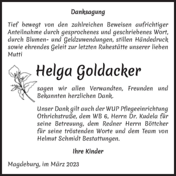 Traueranzeige von Helga Goldacker  von Magdeburger Volksstimme