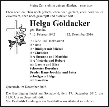 Traueranzeige von Helga Goldacker (geb. Bandau)  von Magdeburger Volksstimme