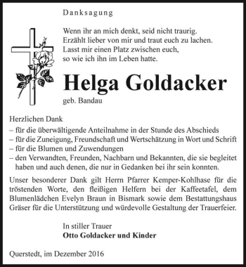 Traueranzeige von Helga Goldacker (geb. Bandau)  von Magdeburger Volksstimme