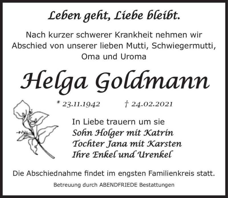  Traueranzeige für Helga Goldmann  vom 06.03.2021 aus Magdeburger Volksstimme