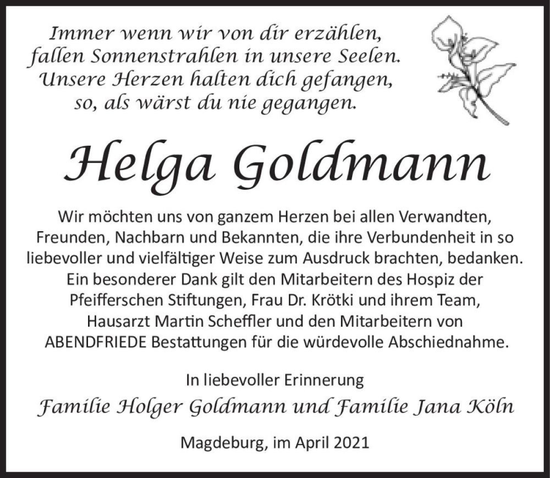  Traueranzeige für Helga Goldmann  vom 03.04.2021 aus Magdeburger Volksstimme