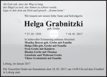 Traueranzeige von Helga Grabnitzki (geb. Grebe)  von Magdeburger Volksstimme