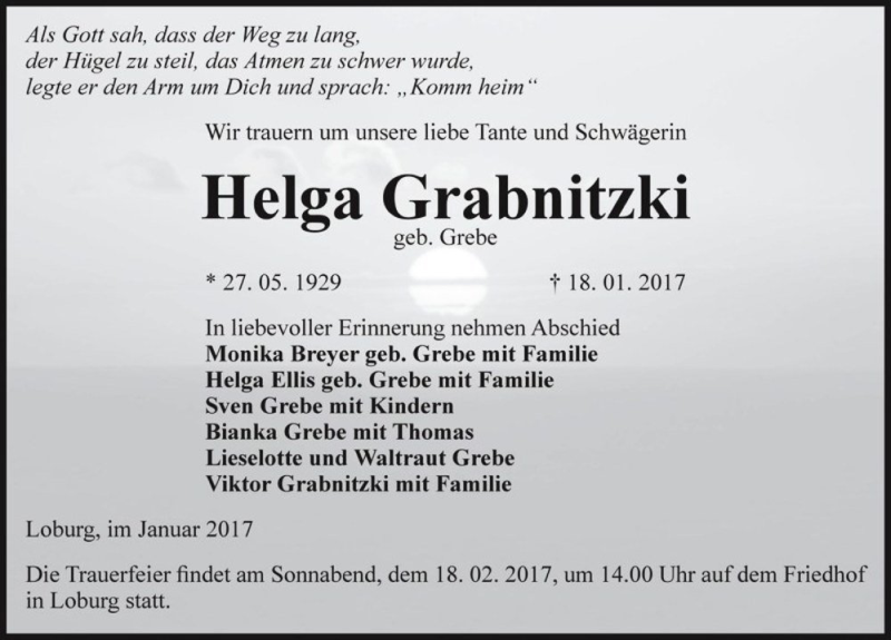  Traueranzeige für Helga Grabnitzki (geb. Grebe)  vom 28.01.2017 aus Magdeburger Volksstimme