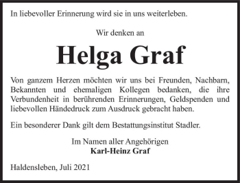 Traueranzeige von Helga Graf  von Magdeburger Volksstimme