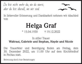Traueranzeige von Helga Graf  von Magdeburger Volksstimme