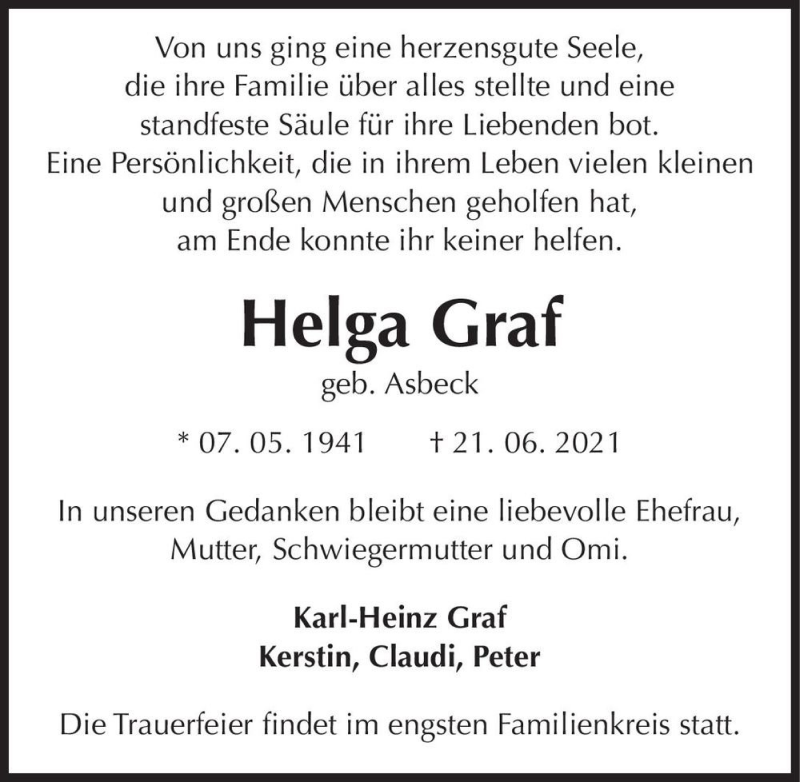  Traueranzeige für Helga Graf (geb. Asbeck)  vom 03.07.2021 aus Magdeburger Volksstimme