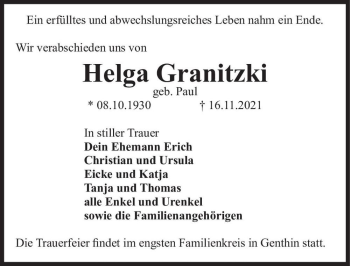 Traueranzeige von Helga Granitzki (geb. Paul)  von Magdeburger Volksstimme