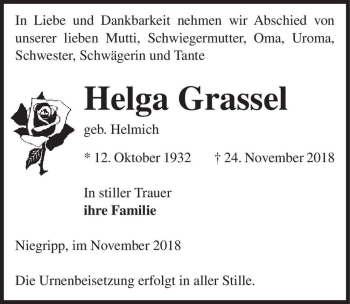 Traueranzeige von Helga Grassel (geb. Helmich)  von Magdeburger Volksstimme