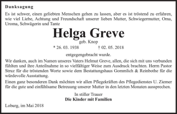Traueranzeige von Helga Greve (geb. Knop)  von Magdeburger Volksstimme