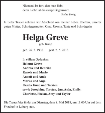 Traueranzeige von Helga Greve (geb. Knop)  von Magdeburger Volksstimme