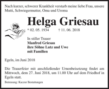 Traueranzeige von Helga Griesau  von Magdeburger Volksstimme