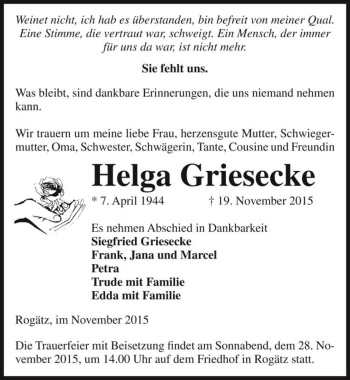 Traueranzeige von Helga Griesecke  von Magdeburger Volksstimme