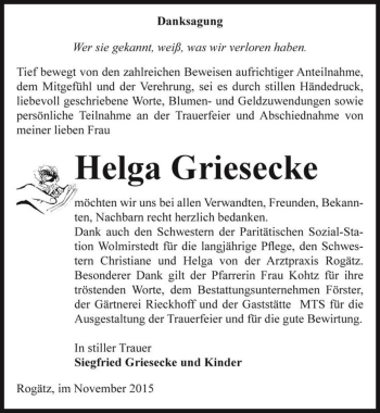 Traueranzeige von Helga Griesecke  von Magdeburger Volksstimme
