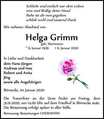 Traueranzeige von Helga Grimm (geb. Wartmann)  von Magdeburger Volksstimme