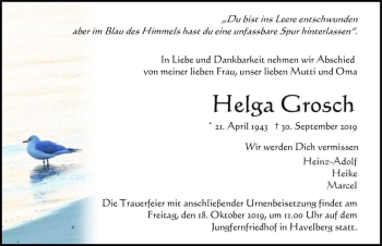 Traueranzeige von Helga Grosch  von Magdeburger Volksstimme