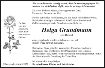 Traueranzeige von Helga Grundmann (geb. Hampel)  von Magdeburger Volksstimme