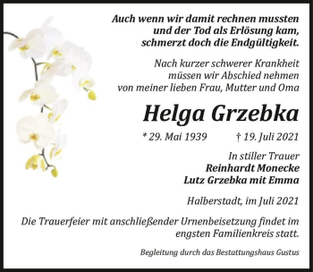 Traueranzeige von Helga Grzebka  von Magdeburger Volksstimme