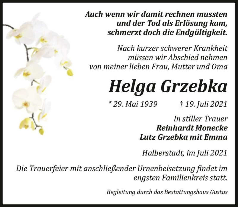  Traueranzeige für Helga Grzebka  vom 24.07.2021 aus Magdeburger Volksstimme