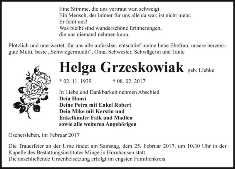  Traueranzeige für Helga Grzeskowiak (geb. Liebke)  vom 11.02.2017 aus Magdeburger Volksstimme