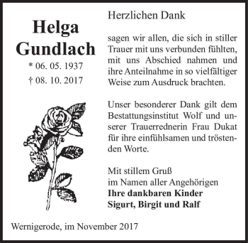 Traueranzeige von Helga Gundlach  von Magdeburger Volksstimme
