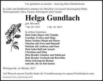 Traueranzeige von Helga Gundlach (geb. Mixanek)  von Magdeburger Volksstimme