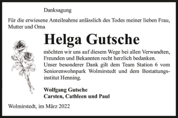 Traueranzeige von Helga Gutsche  von Magdeburger Volksstimme