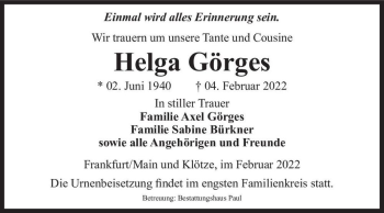 Traueranzeige von Helga Görges  von Magdeburger Volksstimme