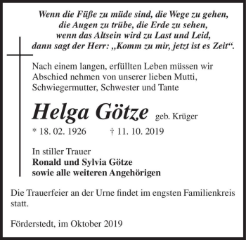 Traueranzeige von Helga Götze (geb. Krüger)  von Magdeburger Volksstimme