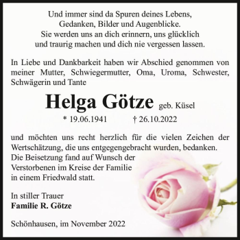 Traueranzeige von Helga Götze (geb. Küsel)  von Magdeburger Volksstimme