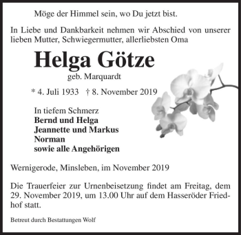 Traueranzeige von Helga Götze (geb. Marquardt)  von Magdeburger Volksstimme