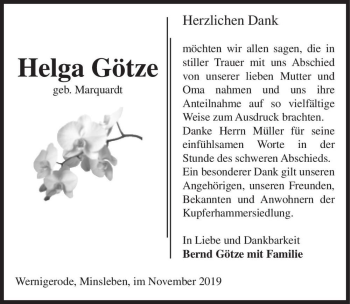 Traueranzeige von Helga Götze (geb. Marquardt)  von Magdeburger Volksstimme