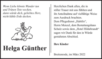 Traueranzeige von Helga Günther  von Magdeburger Volksstimme