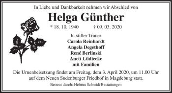 Traueranzeige von Helga Günther  von Magdeburger Volksstimme